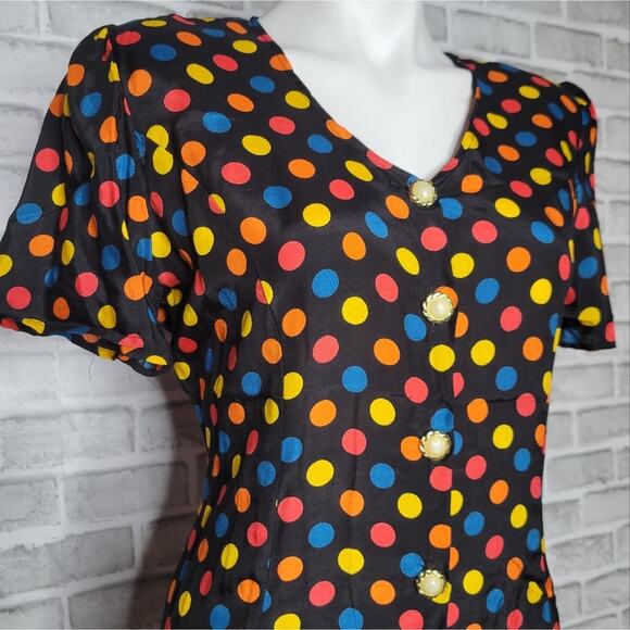 Vintage 90s Black & Rainbow Polka Dot A-Line Dress, sz Medium - Picture 1 of 5